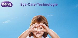 Die BenQ Eye Care Technologie. Auf diesem Titelbild ist ein Kind zu sehen das mit ihren Händen ein herz vor ihrem Gesicht formt.