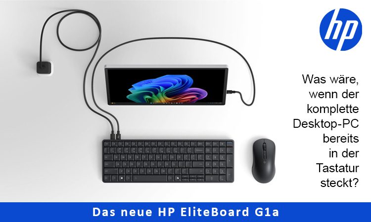 Titelbild mit dem HP EliteBoard G1a und der Frage was währe wenn der komplette Desctop PC bereits in der Tastatur währe.